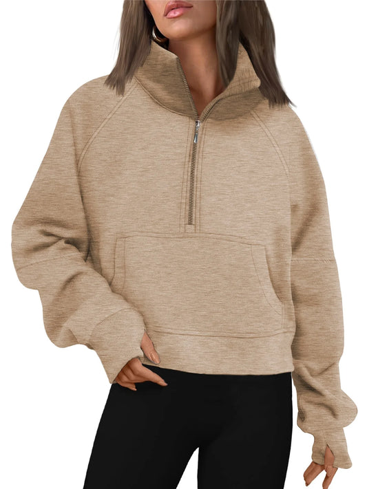 Women's Half Zip Cropped Fleece Sweatshirt with Thumb Holes for Fall and Winter