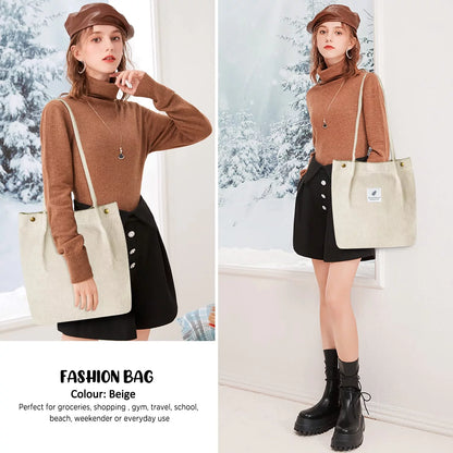 Large Beige Corduroy Tote Bag for Women and Girls with Inner Pocket, Canvas Shoulder Purse and Handbag