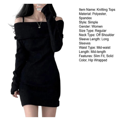 Women's Spring Fashion Cold Shoulder Lantern Sleeve Casual Knit Mini Sweater Dress