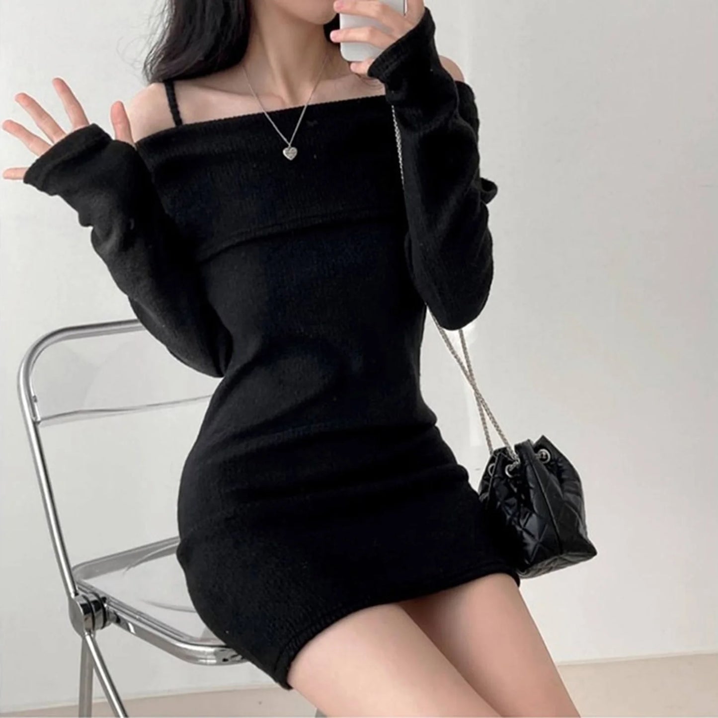 Women's Spring Fashion Cold Shoulder Lantern Sleeve Casual Knit Mini Sweater Dress
