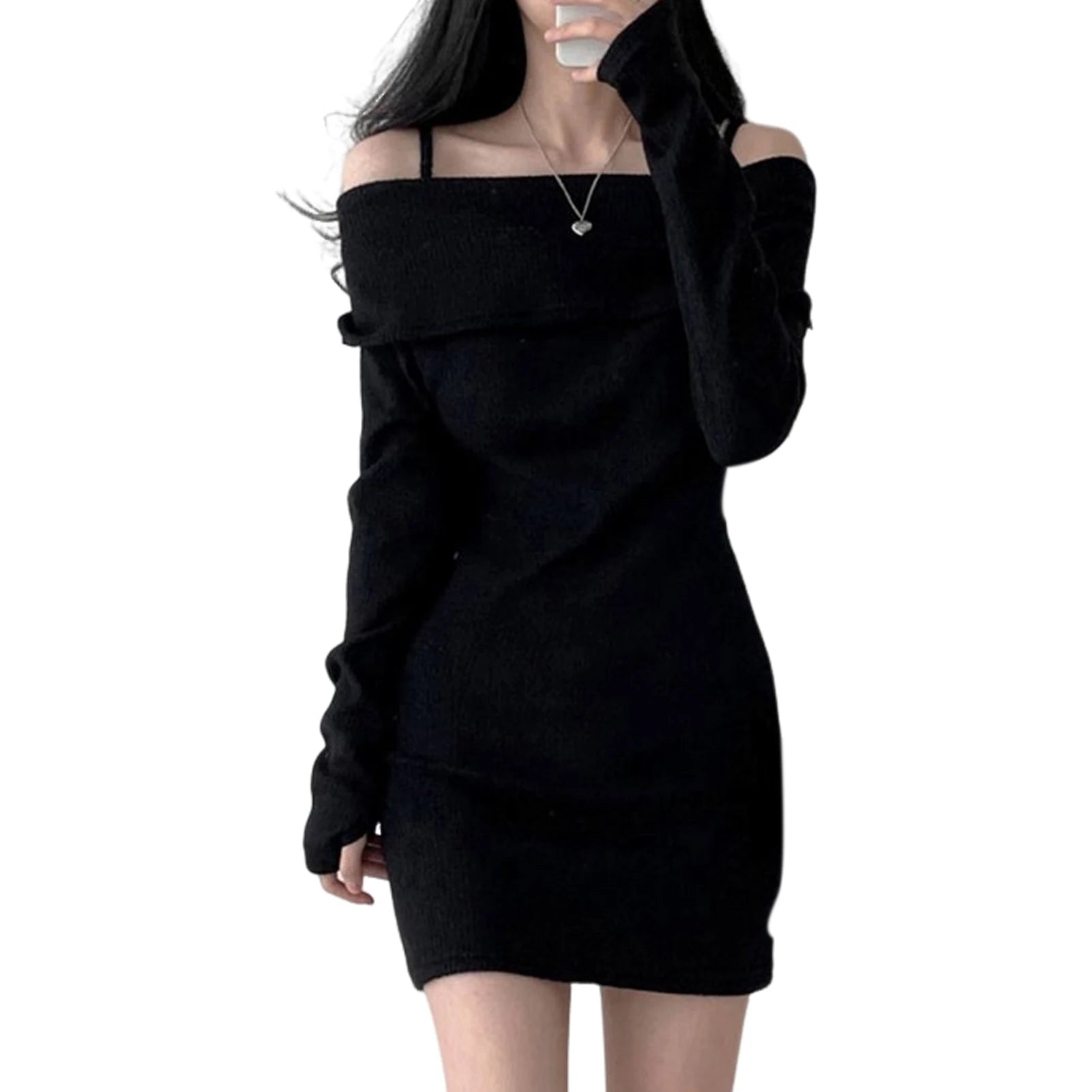 Women's Spring Fashion Cold Shoulder Lantern Sleeve Casual Knit Mini Sweater Dress