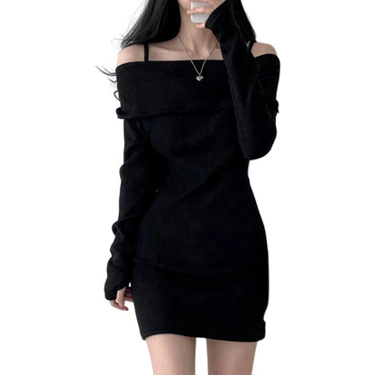 Women's Spring Fashion Cold Shoulder Lantern Sleeve Casual Knit Mini Sweater Dress