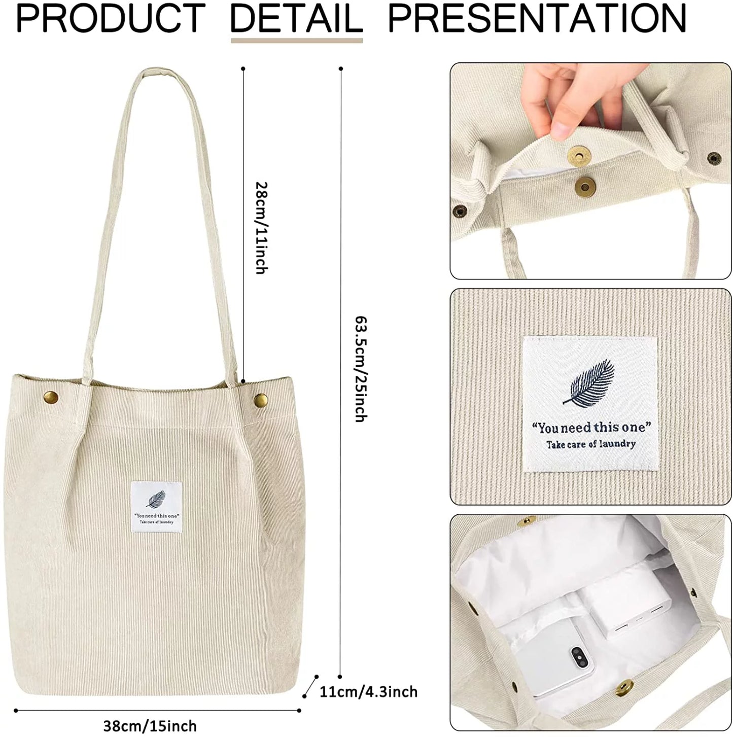 Large Beige Corduroy Tote Bag for Women and Girls with Inner Pocket, Canvas Shoulder Purse and Handbag