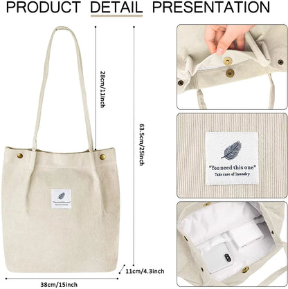 Large Beige Corduroy Tote Bag for Women and Girls with Inner Pocket, Canvas Shoulder Purse and Handbag