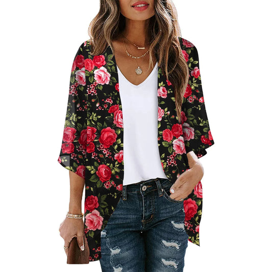 Dyegold Women's Sheer Chiffon Beach Kimono Cover-Up - Floral Print Bohemian Cardigan with 3/4 Sleeves