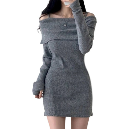 Women's Spring Fashion Cold Shoulder Lantern Sleeve Casual Knit Mini Sweater Dress