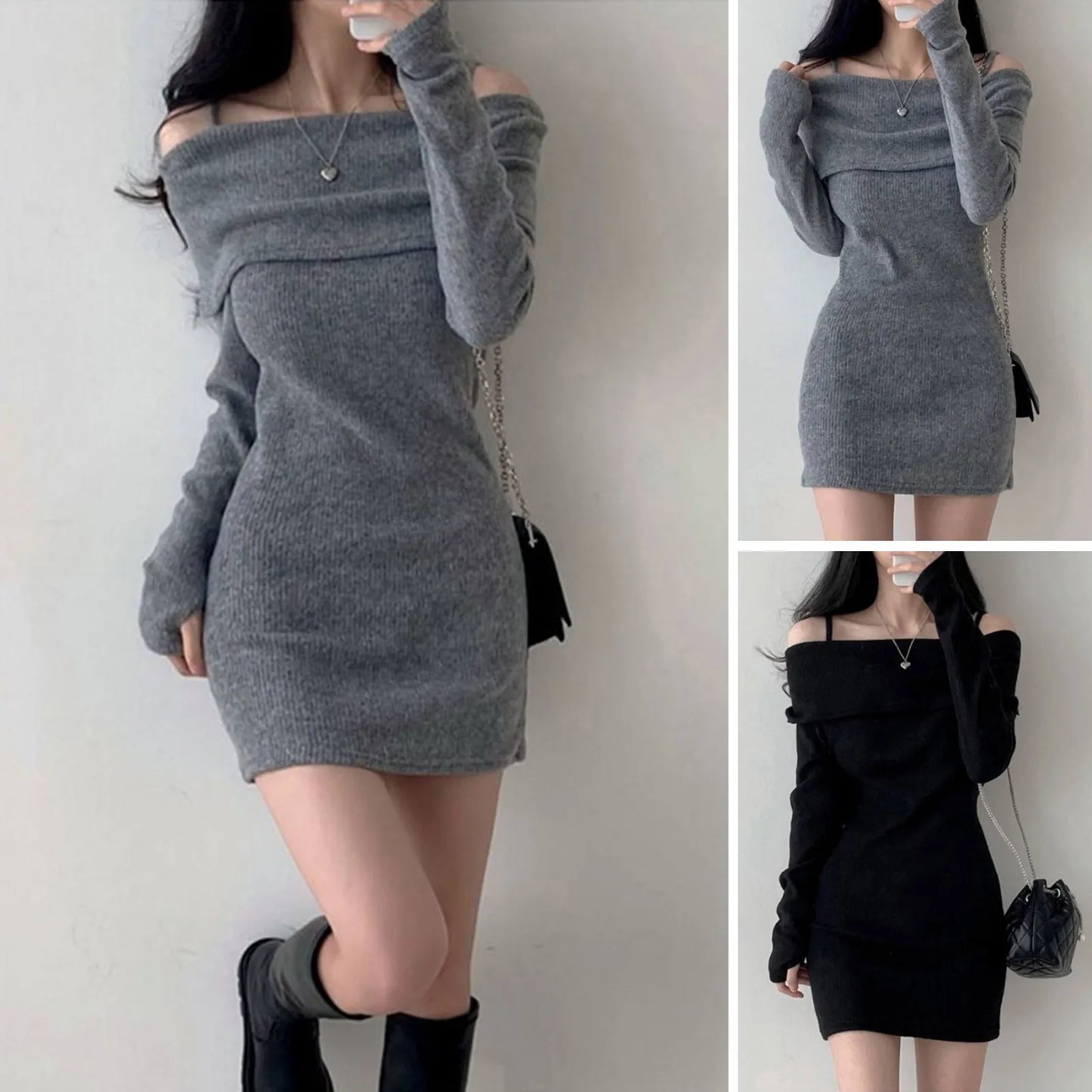 Women's Spring Fashion Cold Shoulder Lantern Sleeve Casual Knit Mini Sweater Dress