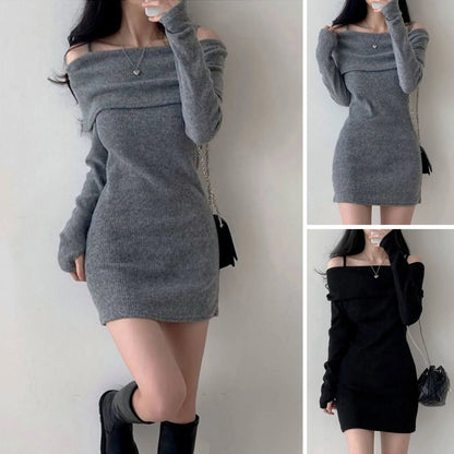 Women's Spring Fashion Cold Shoulder Lantern Sleeve Casual Knit Mini Sweater Dress