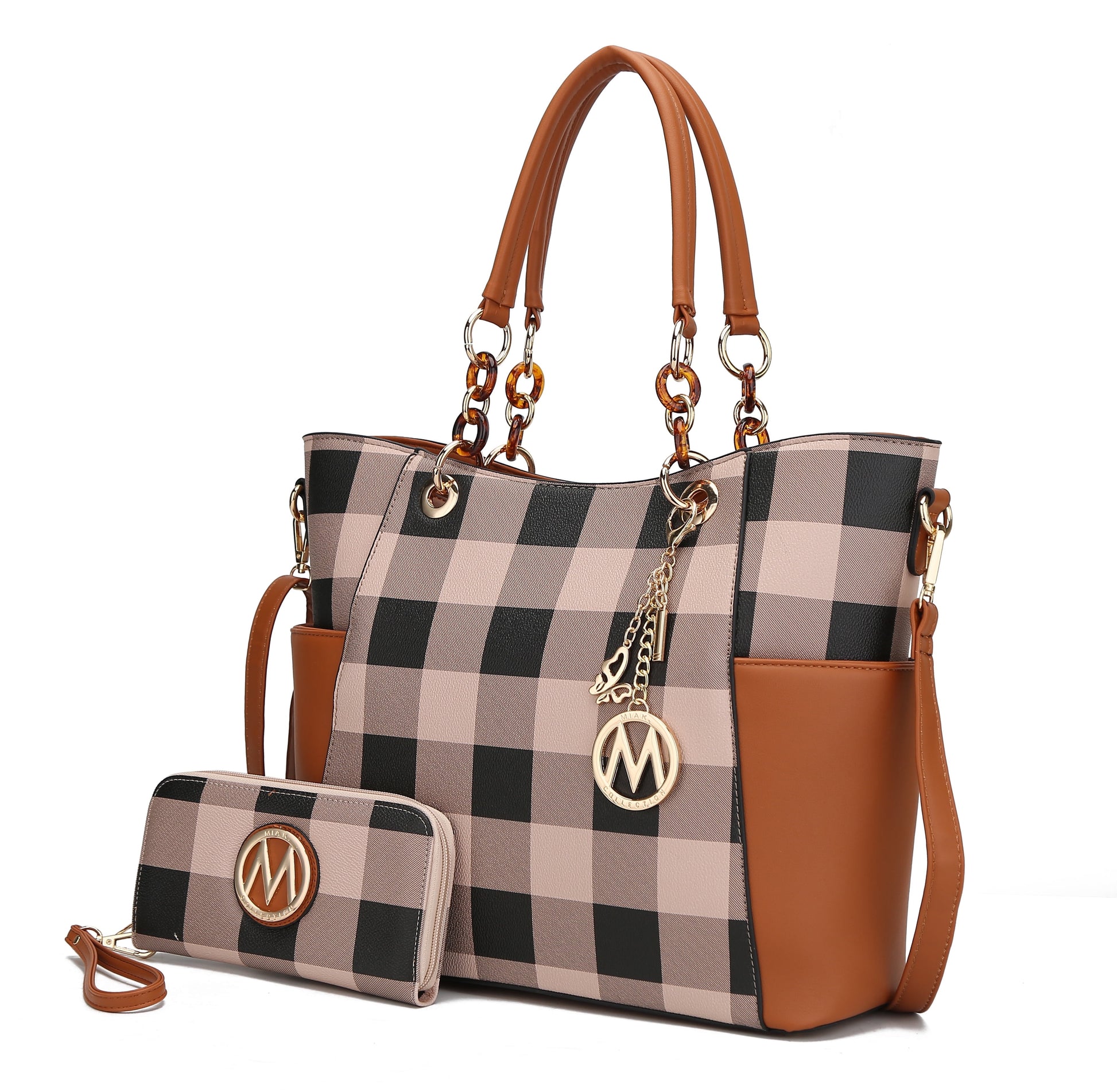 Bonita Checker Women's Tote Bag and Wristlet Wallet Set in Cognac - Vegan Leather by Mia K.