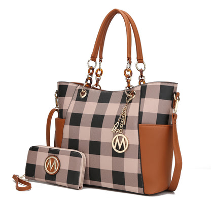 Bonita Checker Women's Tote Bag and Wristlet Wallet Set in Cognac - Vegan Leather by Mia K.