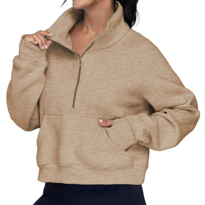 Women's Half Zip Cropped Fleece Sweatshirt with Thumb Holes for Fall and Winter