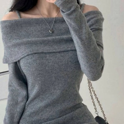 Women's Spring Fashion Cold Shoulder Lantern Sleeve Casual Knit Mini Sweater Dress