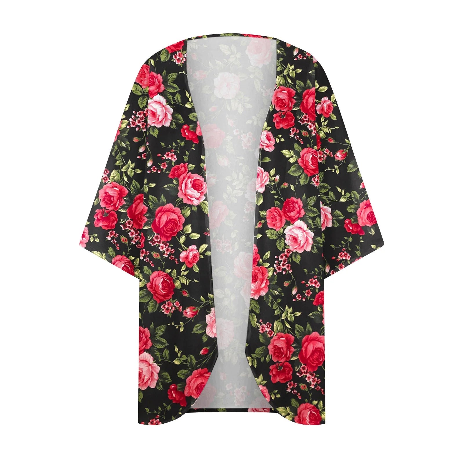 Dyegold Women's Sheer Chiffon Beach Kimono Cover-Up - Floral Print Bohemian Cardigan with 3/4 Sleeves