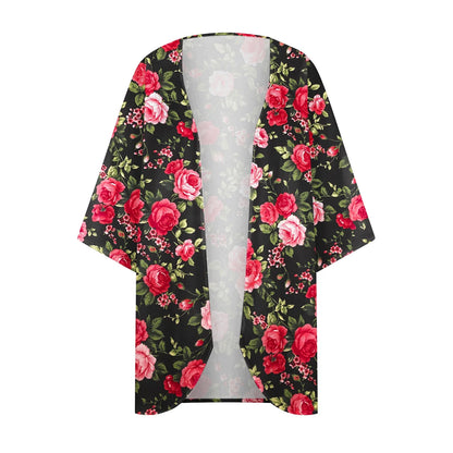 Dyegold Women's Sheer Chiffon Beach Kimono Cover-Up - Floral Print Bohemian Cardigan with 3/4 Sleeves