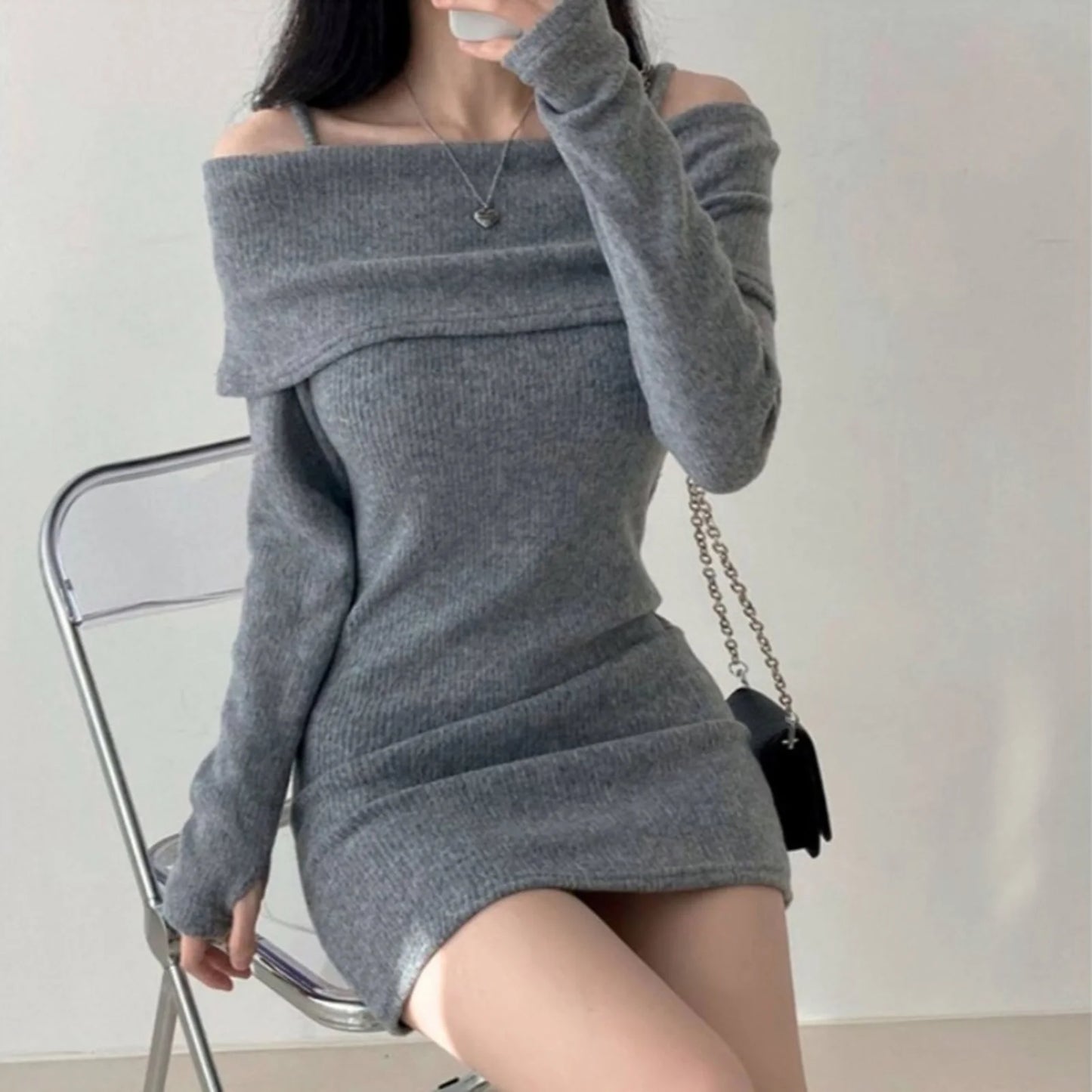 Women's Spring Fashion Cold Shoulder Lantern Sleeve Casual Knit Mini Sweater Dress