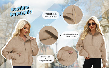 Women's Half Zip Cropped Fleece Sweatshirt with Thumb Holes for Fall and Winter