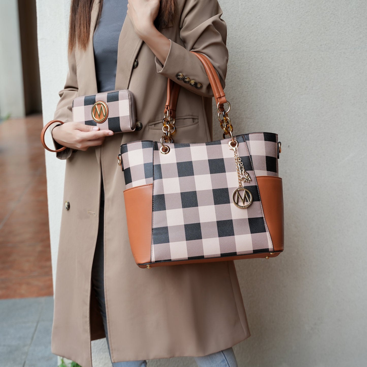 Bonita Checker Women's Tote Bag and Wristlet Wallet Set in Cognac - Vegan Leather by Mia K.
